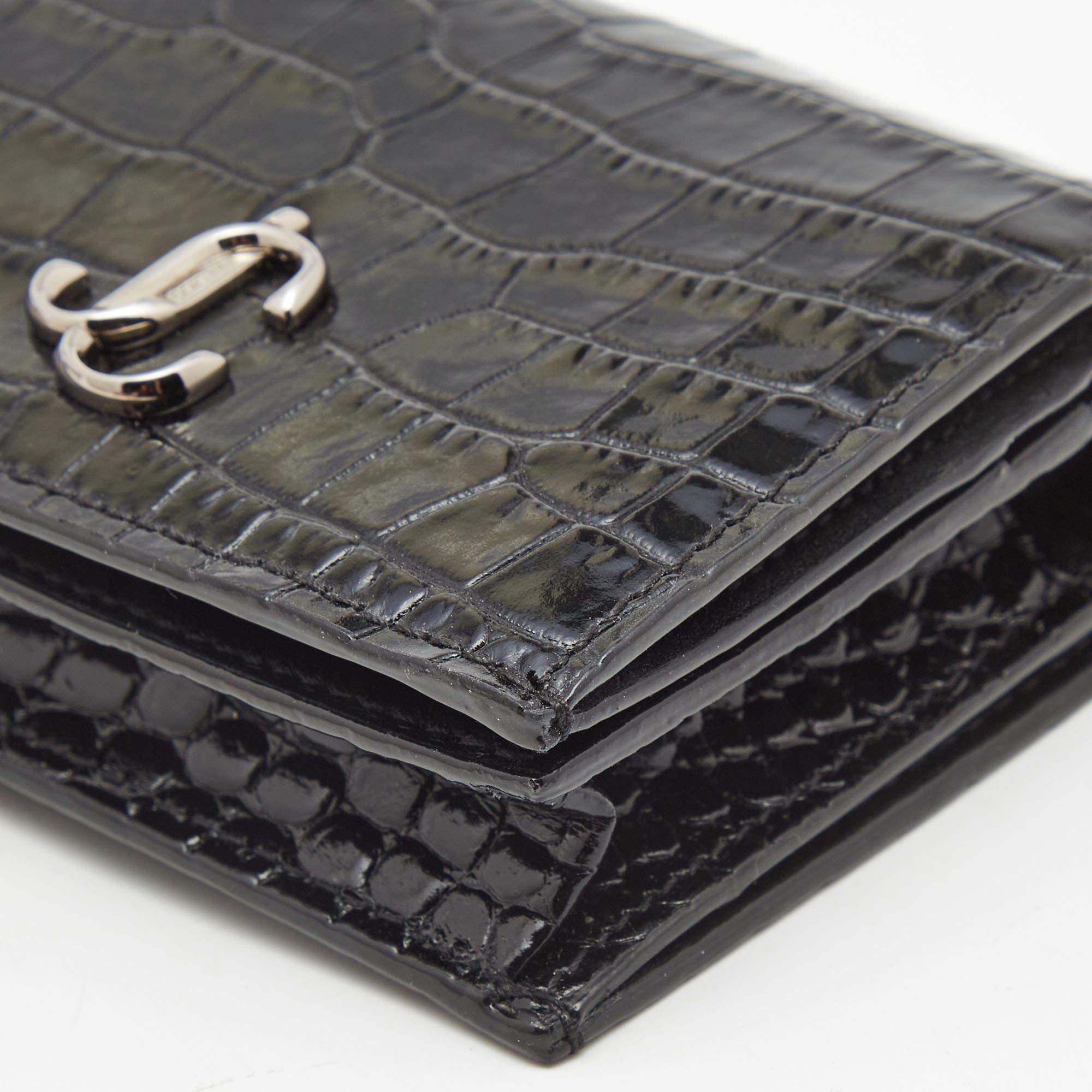 Jimmy Choo Black Croc Embossed Shine Leather Hanne Compact Wallet 5