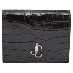 Jimmy Choo Black Croc Embossed Shine Leather Hanne Compact Wallet