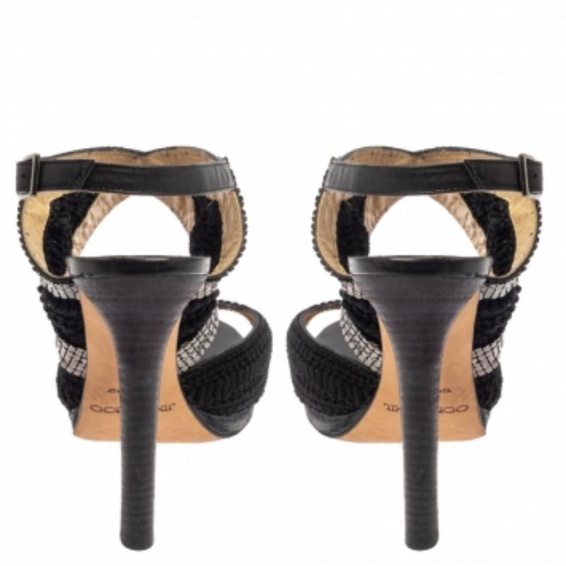 Women's Jimmy Choo Black Crochet Fabric Embellished Slingback Sandals Size 37 For Sale