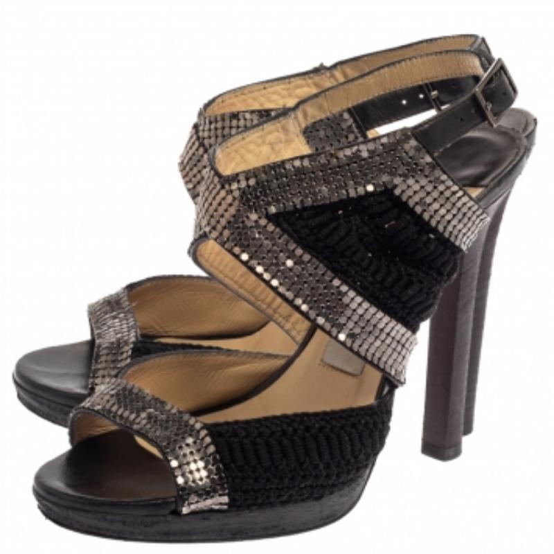 Jimmy Choo Black Crochet Fabric Embellished Slingback Sandals Size 37 For Sale 1