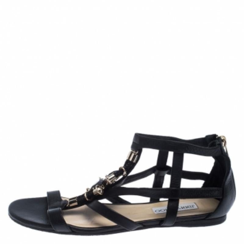 Jimmy Choo - Sandali piatti in pelle con gabbia impreziositi da cristalli neri - misura 38 In condizioni buone in vendita a Dubai, Al Qouz 2