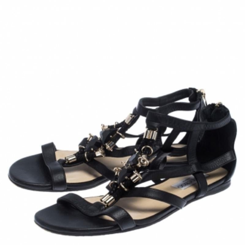 Jimmy Choo - Sandali piatti in pelle con gabbia impreziositi da cristalli neri - misura 38 in vendita 2