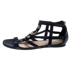Jimmy Choo Black Crystal Embellished Leather Caged Flat Sandals Size 38