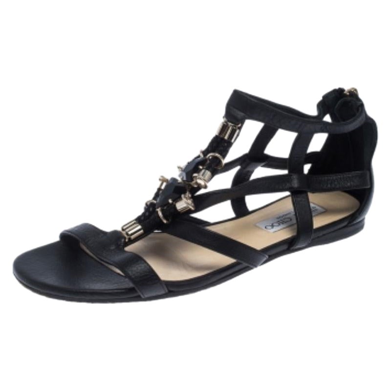 Jimmy Choo Black Crystal Embellished Leather Caged Flat Sandals Size 38