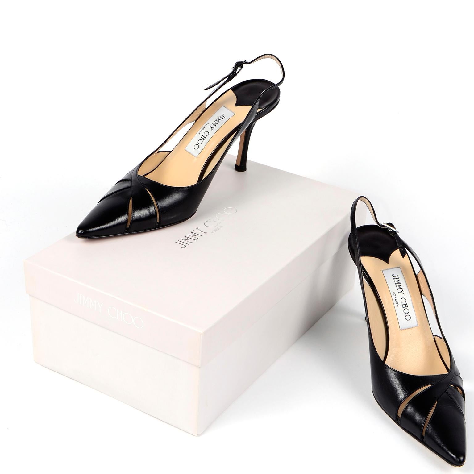 This is a really nice pair of Jimmy Choo Pointed toe slingbacks with cutouts at the toe box and on the sides. These timeless heels were probably only worn once or twice and they come with their original box. Retailed in the 1990's at Saks Fifth