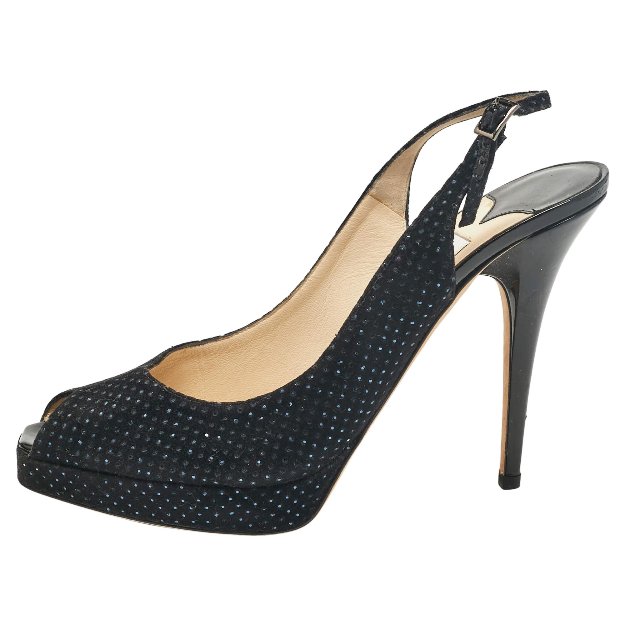 Jimmy Choo Black Embellished Suede Peep Toe Platorm Slingback Pumps Talla 41