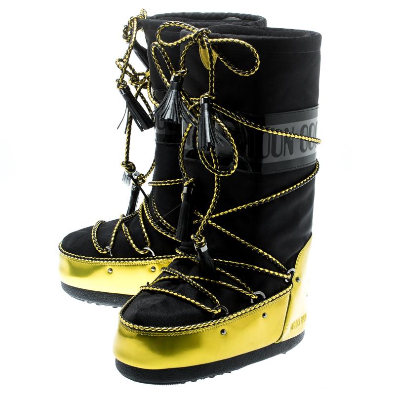 Women's Jimmy Choo Black Fabric And Acid Yellow Mirror MB Classic Snow Boots Size 38