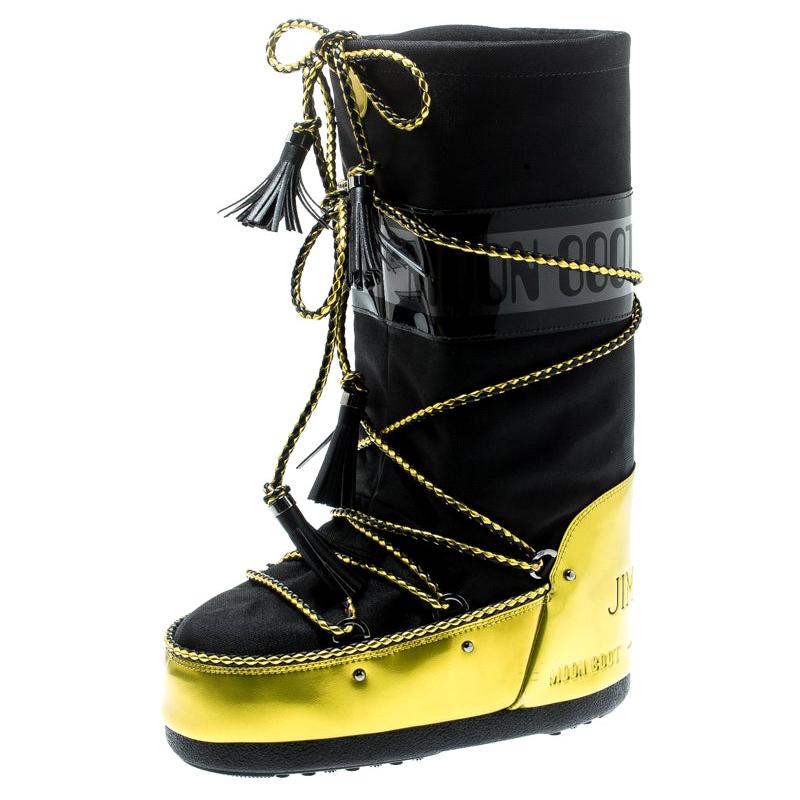 Jimmy Choo Black Fabric And Acid Yellow Mirror MB Classic Snow Boots Size 38