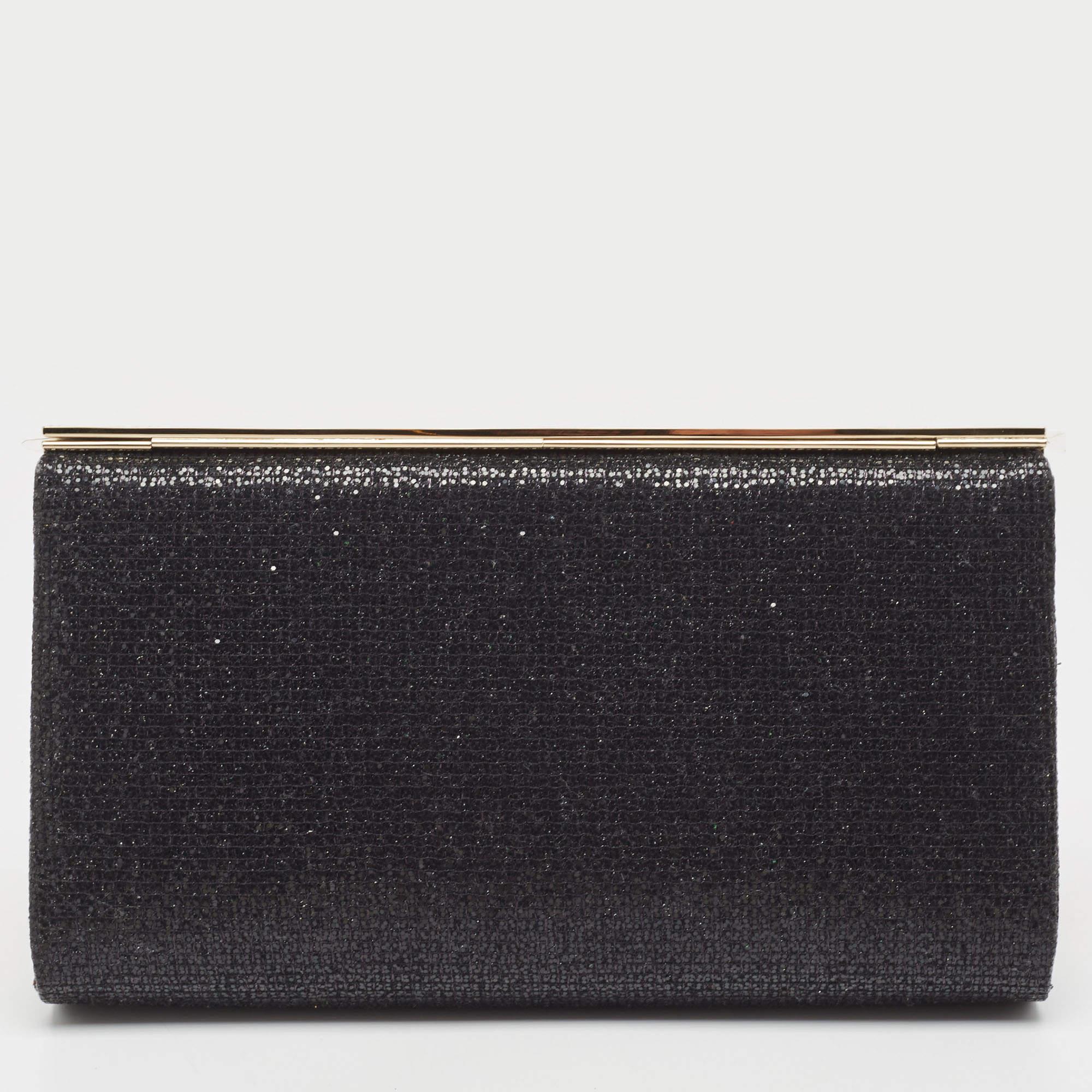 Jimmy Choo Black Fabric and Glitter Frame Clutch For Sale 1