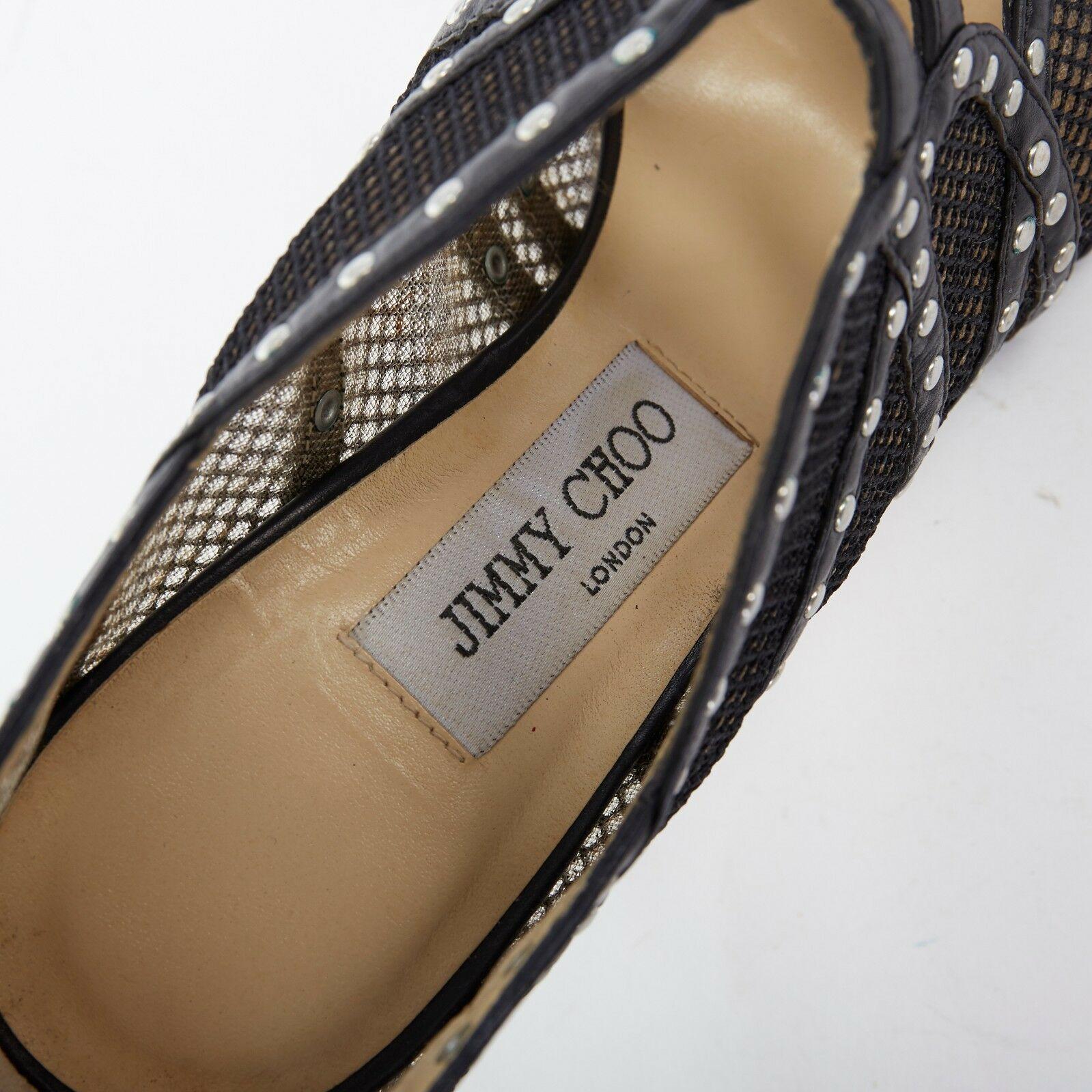 JIMMY CHOO black fishnet mesh leather silver studded bootie heels EU37 US7 UK4 2