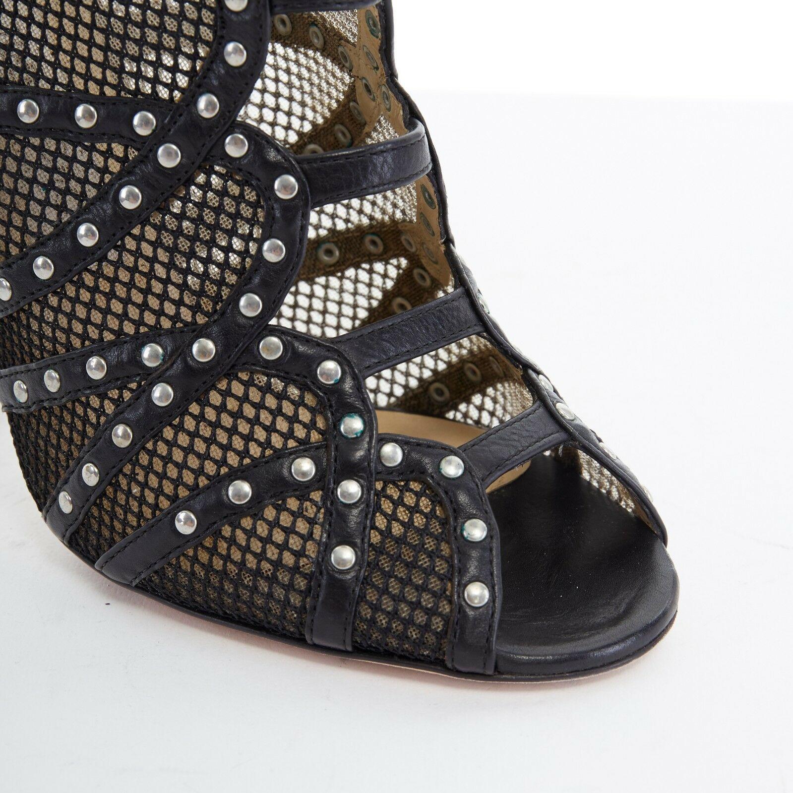 Women's JIMMY CHOO black fishnet mesh leather silver studded bootie heels EU37 US7 UK4