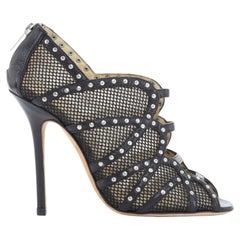 JIMMY CHOO black fishnet mesh leather silver studded bootie heels EU37 US7 UK4