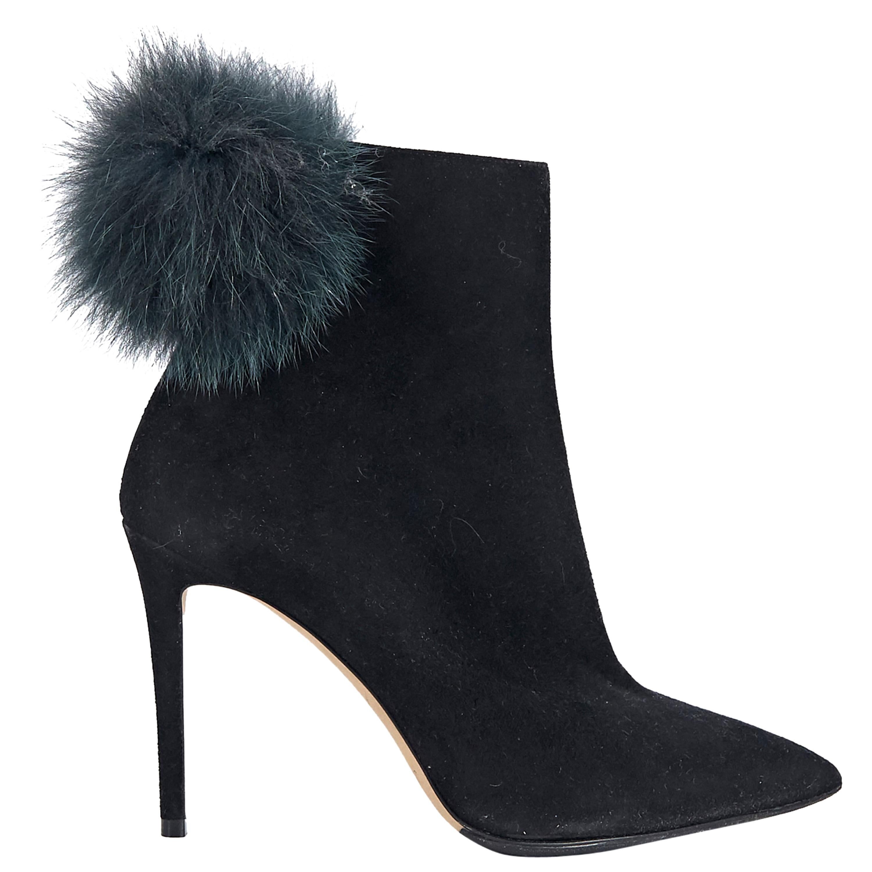 Jimmy Choo Black Fur Pom Suede Ankle Boots