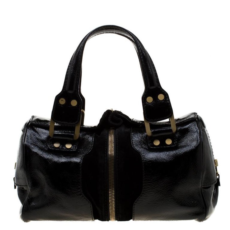 Jimmy Choo Black Glazed Leather and Suede Marla Satchel For Sale at 1stDibs