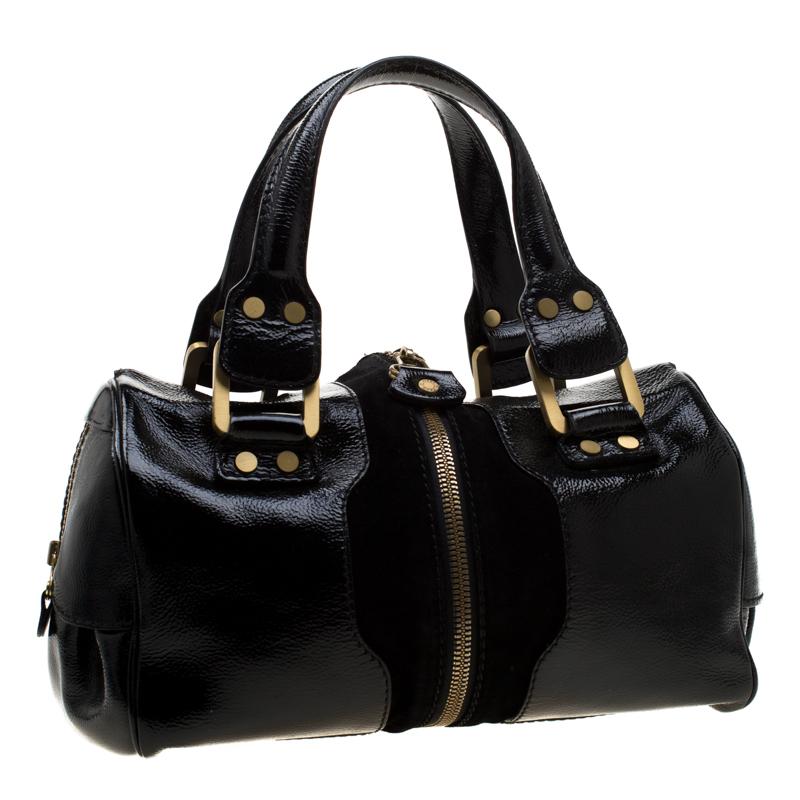 Women's Jimmy Choo Black Glazed Leather and Suede Marla Satchel