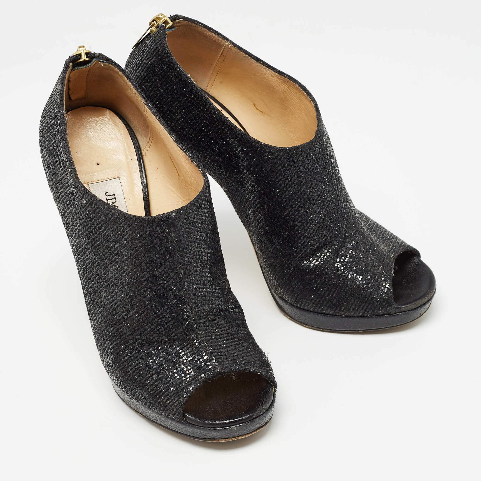Women's Jimmy Choo Black Glitter and Leather Hector Booties Size 37 For Sale
