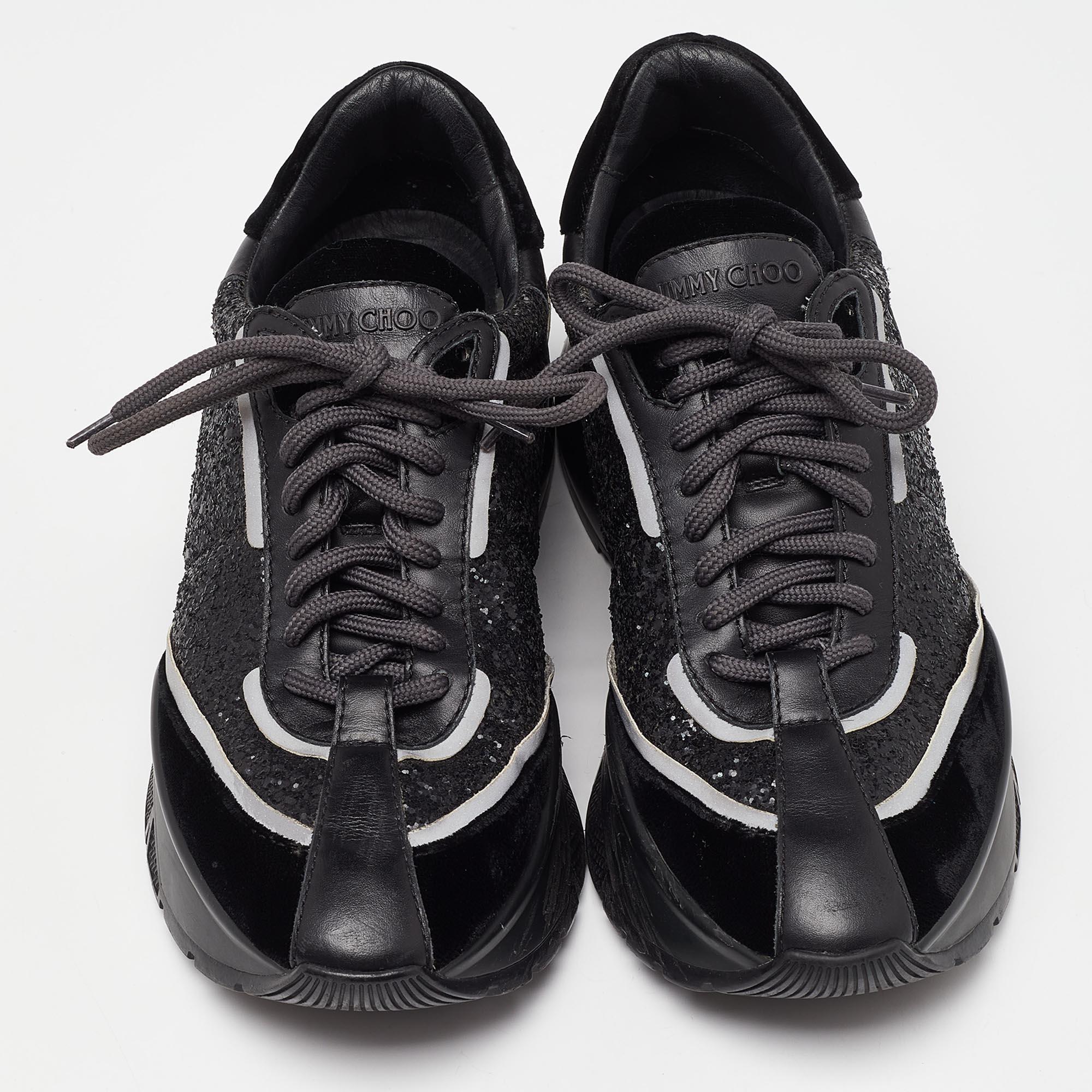 Jimmy Choo Black Glitter and Velvet Raine Sneakers Size 40 In Good Condition In Dubai, Al Qouz 2