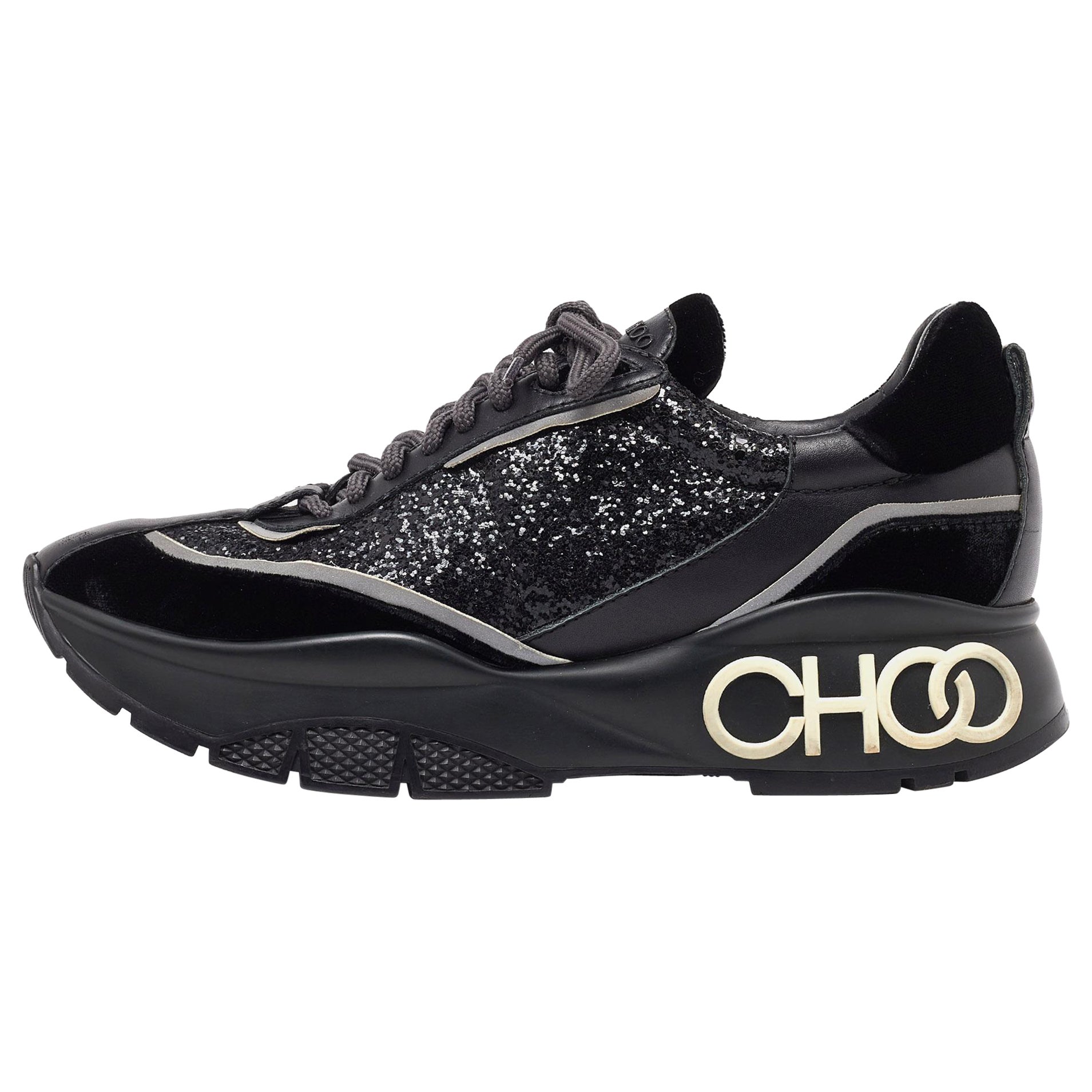 Jimmy Choo Black Glitter and Velvet Raine Sneakers Size 40