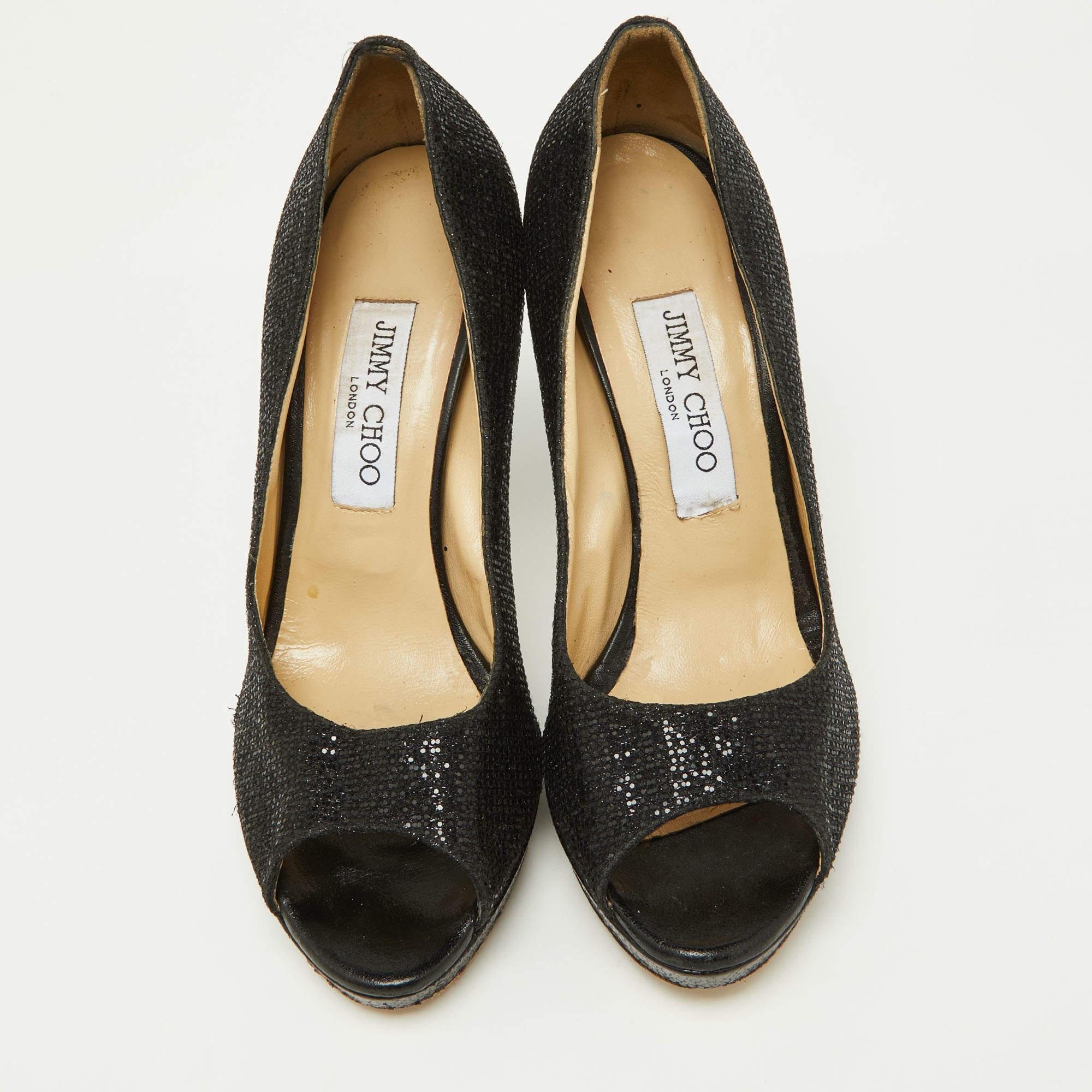 Jimmy Choo Black Glitter Fabric and Leather Luna Platform Pumps Size 39 In Good Condition For Sale In Dubai, Al Qouz 2