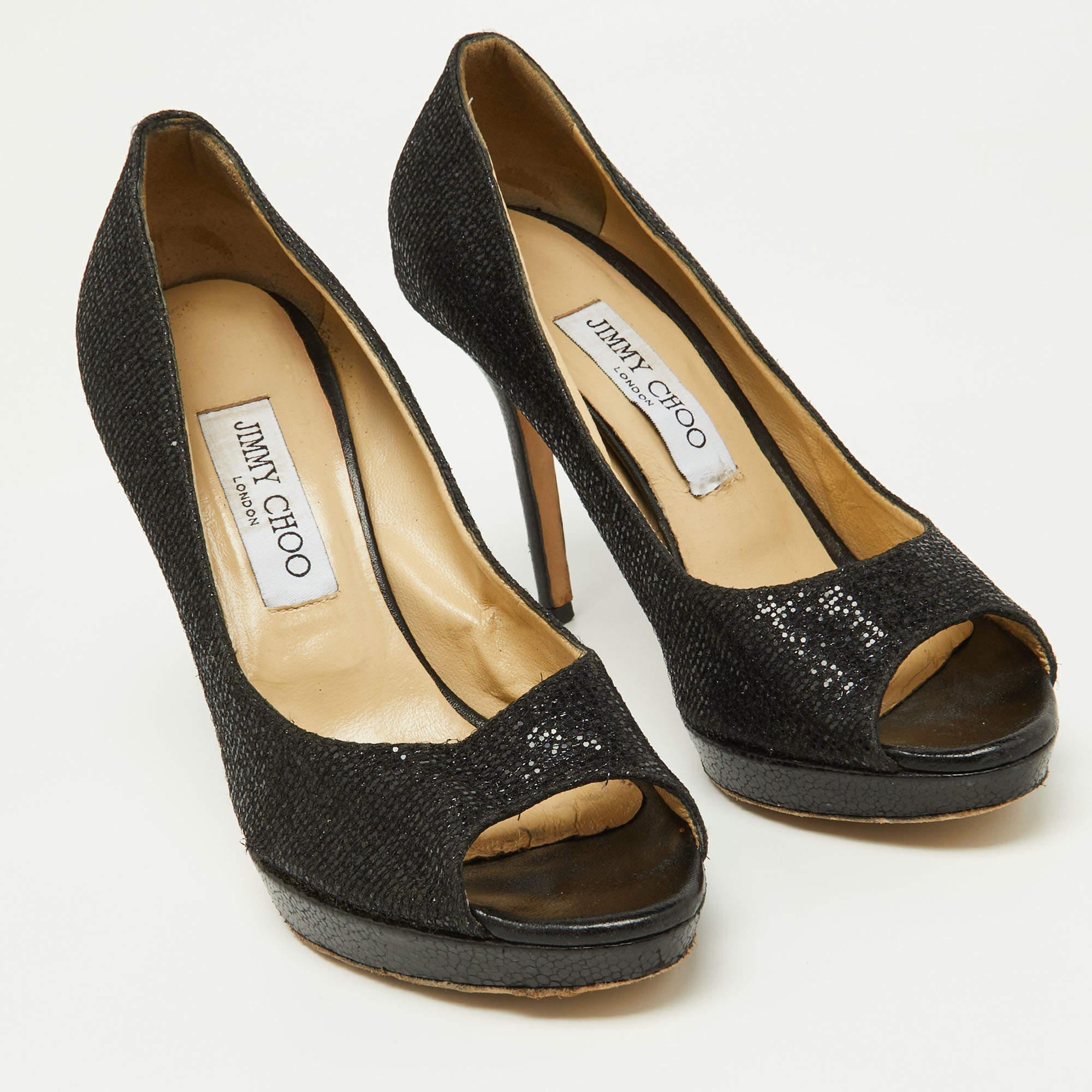 Women's Jimmy Choo Black Glitter Fabric and Leather Luna Platform Pumps Size 39 For Sale