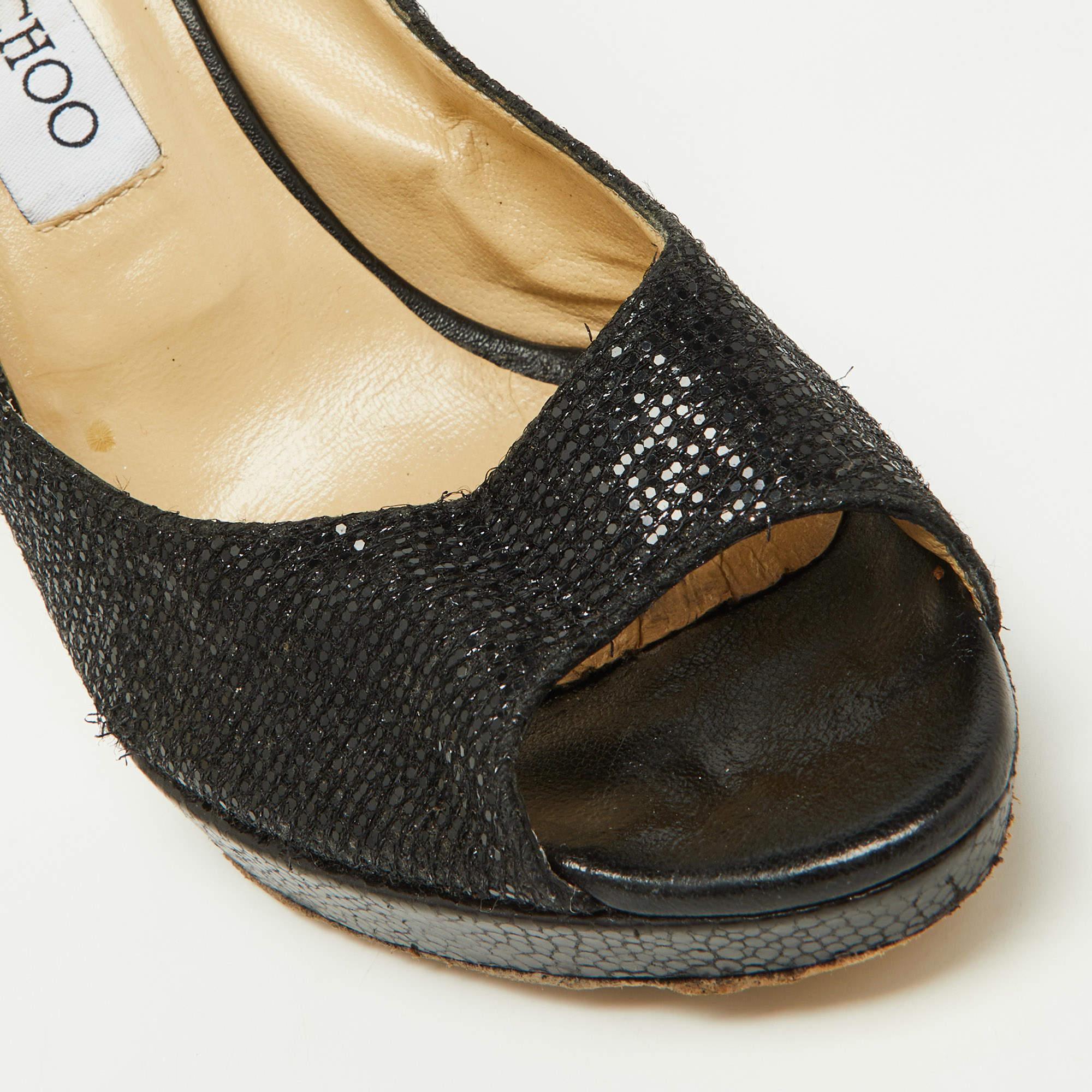 Jimmy Choo Black Glitter Fabric and Leather Luna Platform Pumps Size 39 For Sale 4
