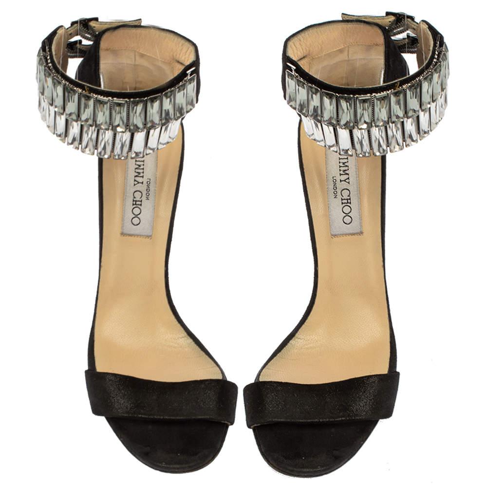 Brown Jimmy Choo Black Glitter Nubuck Crystal Embellished Ankle Cuff Sandals Size 38.5