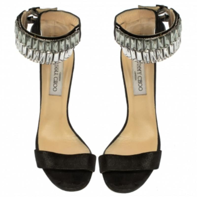 Jimmy Choo Black Glitter Nubuck Crystal Embellished Ankle Cuff Sandals Size 38.5 In Fair Condition For Sale In Dubai, Al Qouz 2
