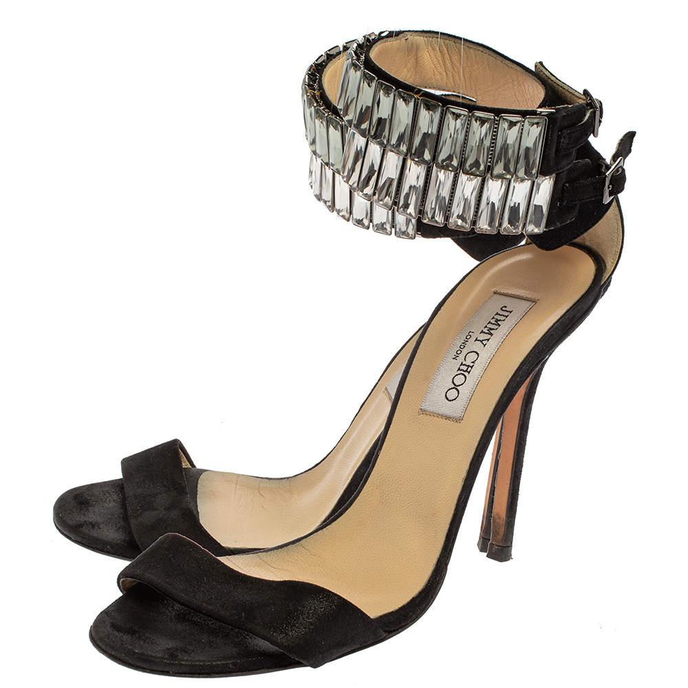 Jimmy Choo Black Glitter Nubuck Crystal Embellished Ankle Cuff Sandals Size 38.5 In Good Condition In Dubai, Al Qouz 2