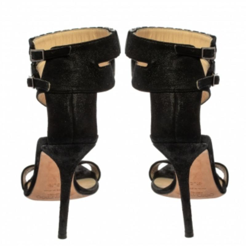 Women's Jimmy Choo Black Glitter Nubuck Crystal Embellished Ankle Cuff Sandals Size 38.5 For Sale