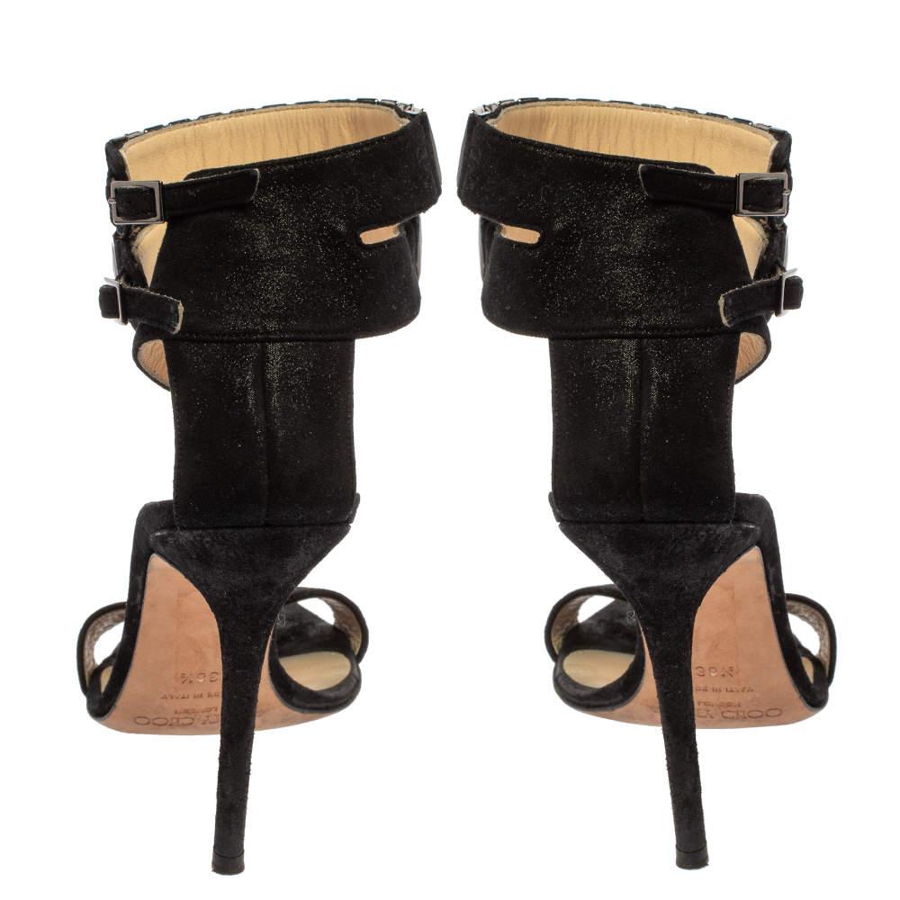 Women's Jimmy Choo Black Glitter Nubuck Crystal Embellished Ankle Cuff Sandals Size 38.5