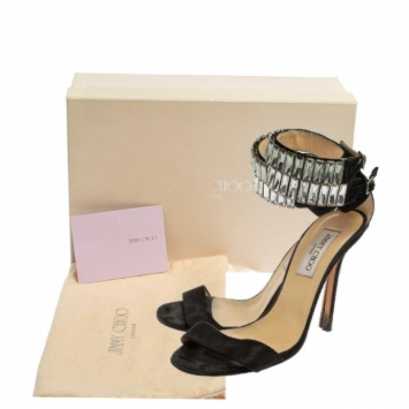 Jimmy Choo Black Glitter Nubuck Crystal Embellished Ankle Cuff Sandals Size 38.5 For Sale 3