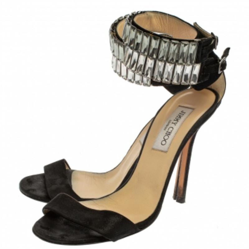 Jimmy Choo Black Glitter Nubuck Crystal Embellished Ankle Cuff Sandals Size 38.5 For Sale 4