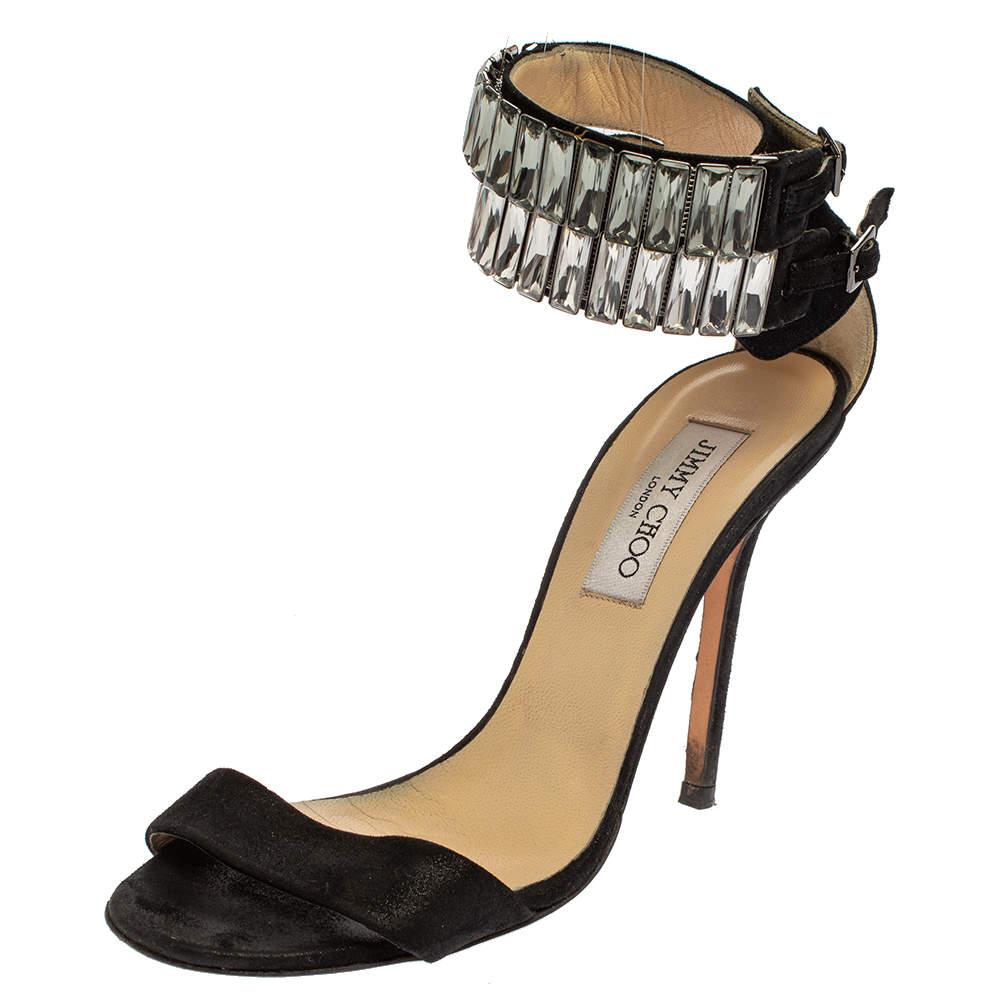 Jimmy Choo Black Glitter Nubuck Crystal Embellished Ankle Cuff Sandals Size 38.5