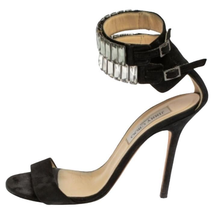 Jimmy Choo Black Glitter Nubuck Crystal Embellished Ankle Cuff Sandals Size 38.5 For Sale