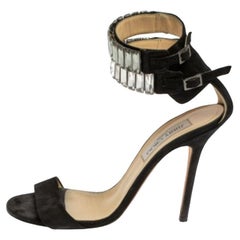 Jimmy Choo Black Glitter Nubuck Crystal Embellished Ankle Cuff Sandals Size 38.5