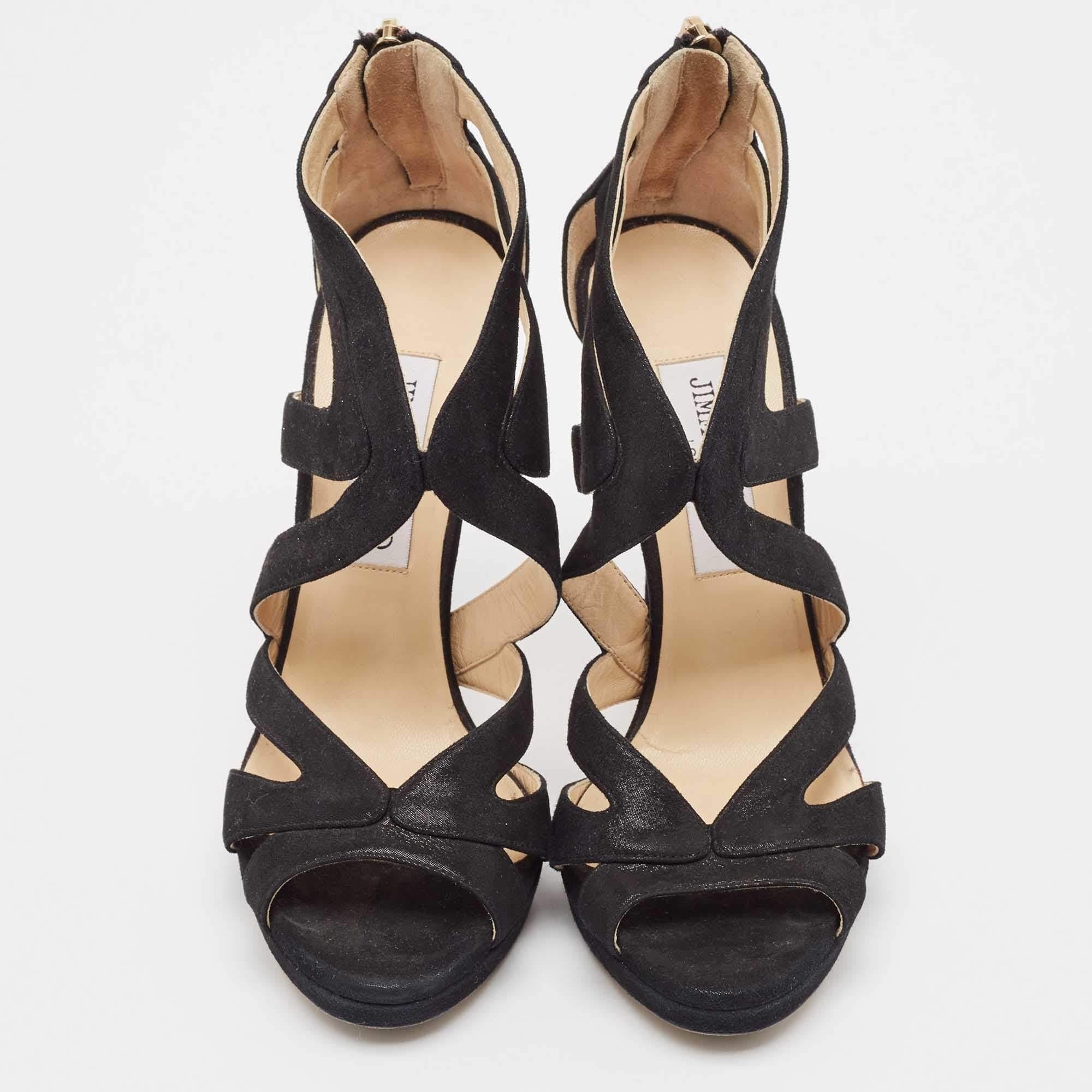 Jimmy Choo Black Glitter Suede Collar Platform Sandals Size 36.5 In Good Condition For Sale In Dubai, Al Qouz 2