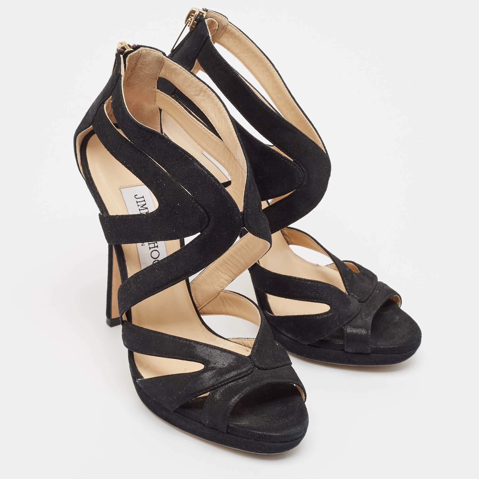 Women's Jimmy Choo Black Glitter Suede Collar Platform Sandals Size 36.5 For Sale