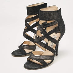 Jimmy Choo Schwarz Glitter Wildleder Riemchensandalen Größe 38,5