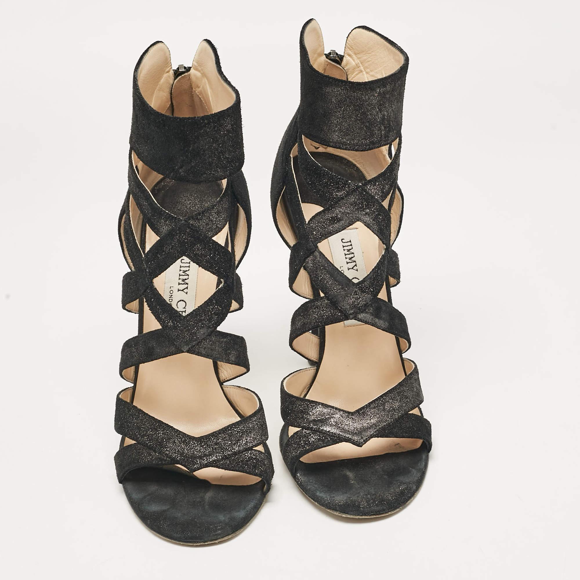 Jimmy Choo Black Glitter Suede Strappy Sandals Size 38.5 In Good Condition For Sale In Dubai, Al Qouz 2
