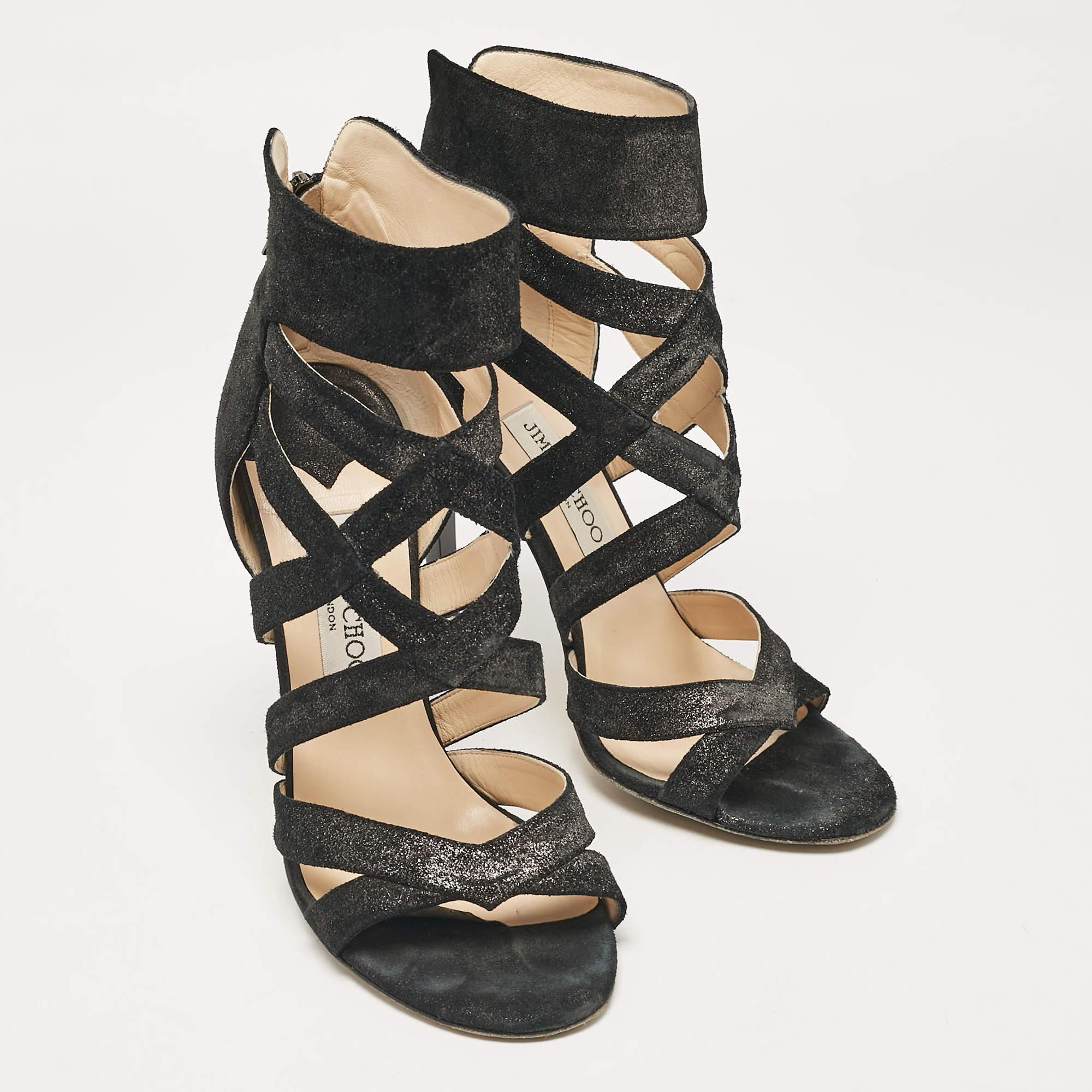 Women's Jimmy Choo Black Glitter Suede Strappy Sandals Size 38.5 For Sale
