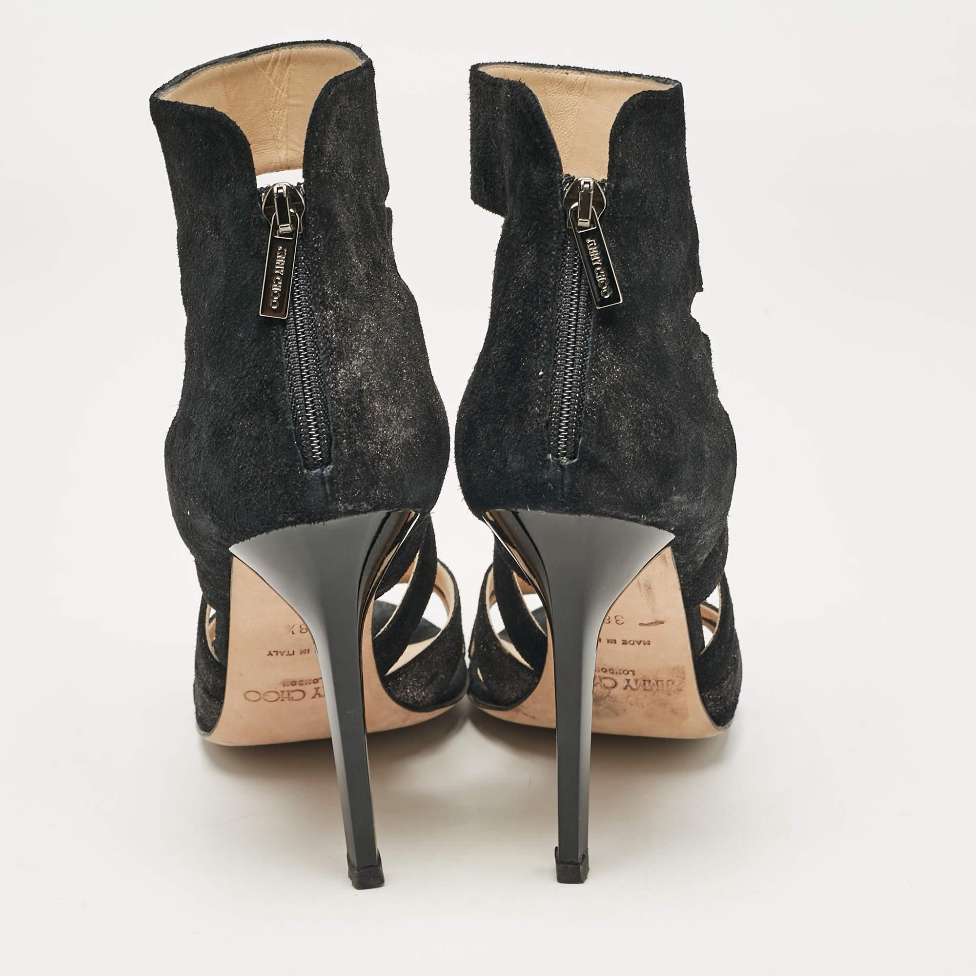 Jimmy Choo Black Glitter Suede Strappy Sandals Size 38.5 For Sale 1