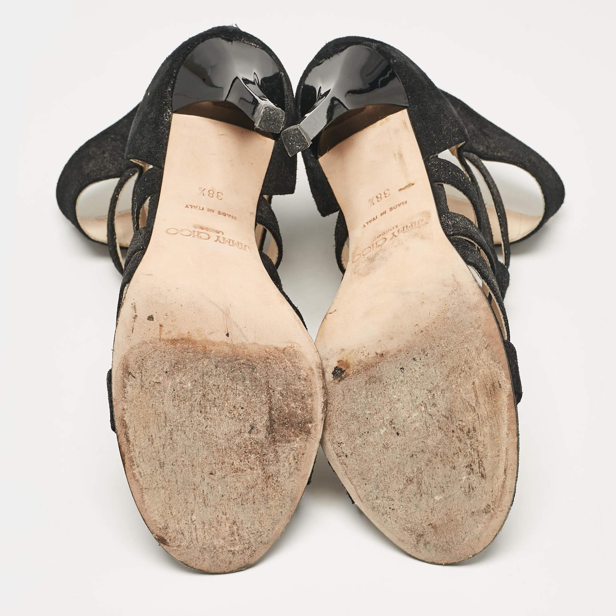 Jimmy Choo Black Glitter Suede Strappy Sandals Size 38.5 For Sale 2