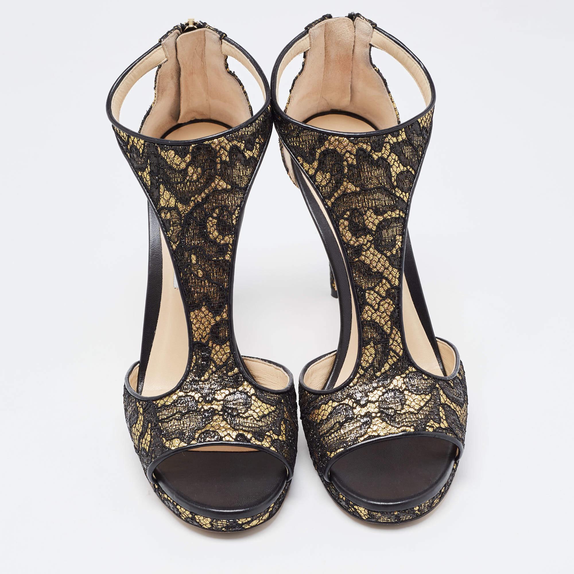 Jimmy Choo Black/Gold Lace and Leather Lana Sandals Size 41 For Sale 1