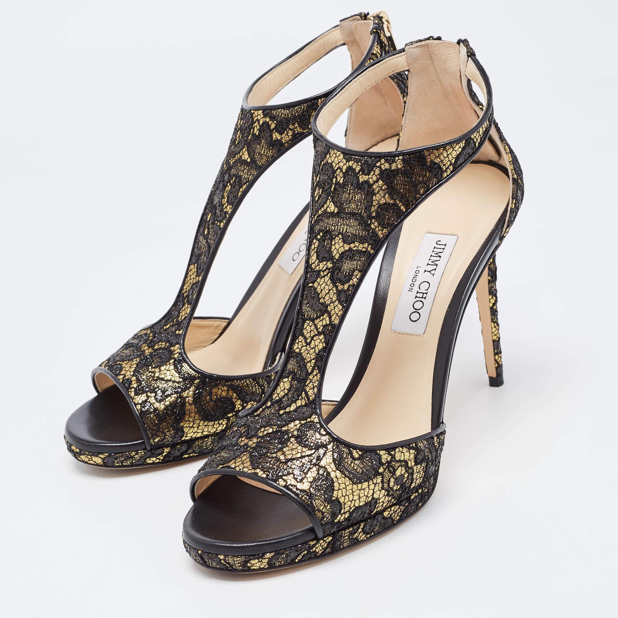 Jimmy Choo Black/Gold Lace and Leather Lana Sandals Size 41 For Sale 2