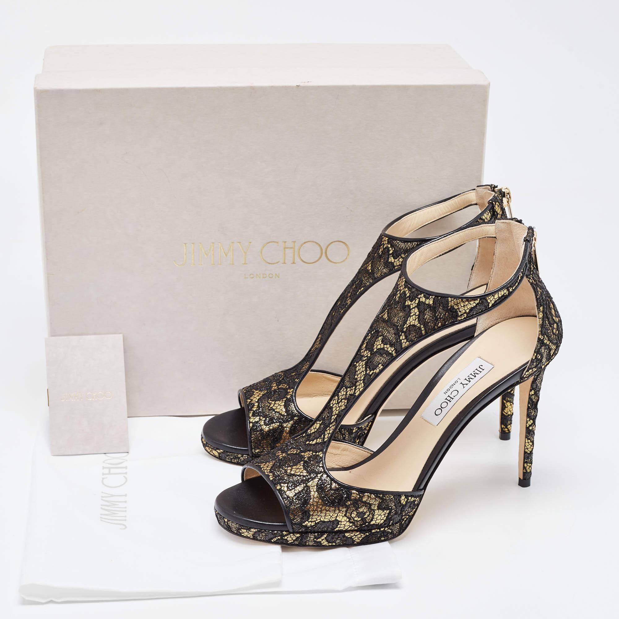 Jimmy Choo Black/Gold Lace and Leather Lana Sandals Size 41 For Sale 5