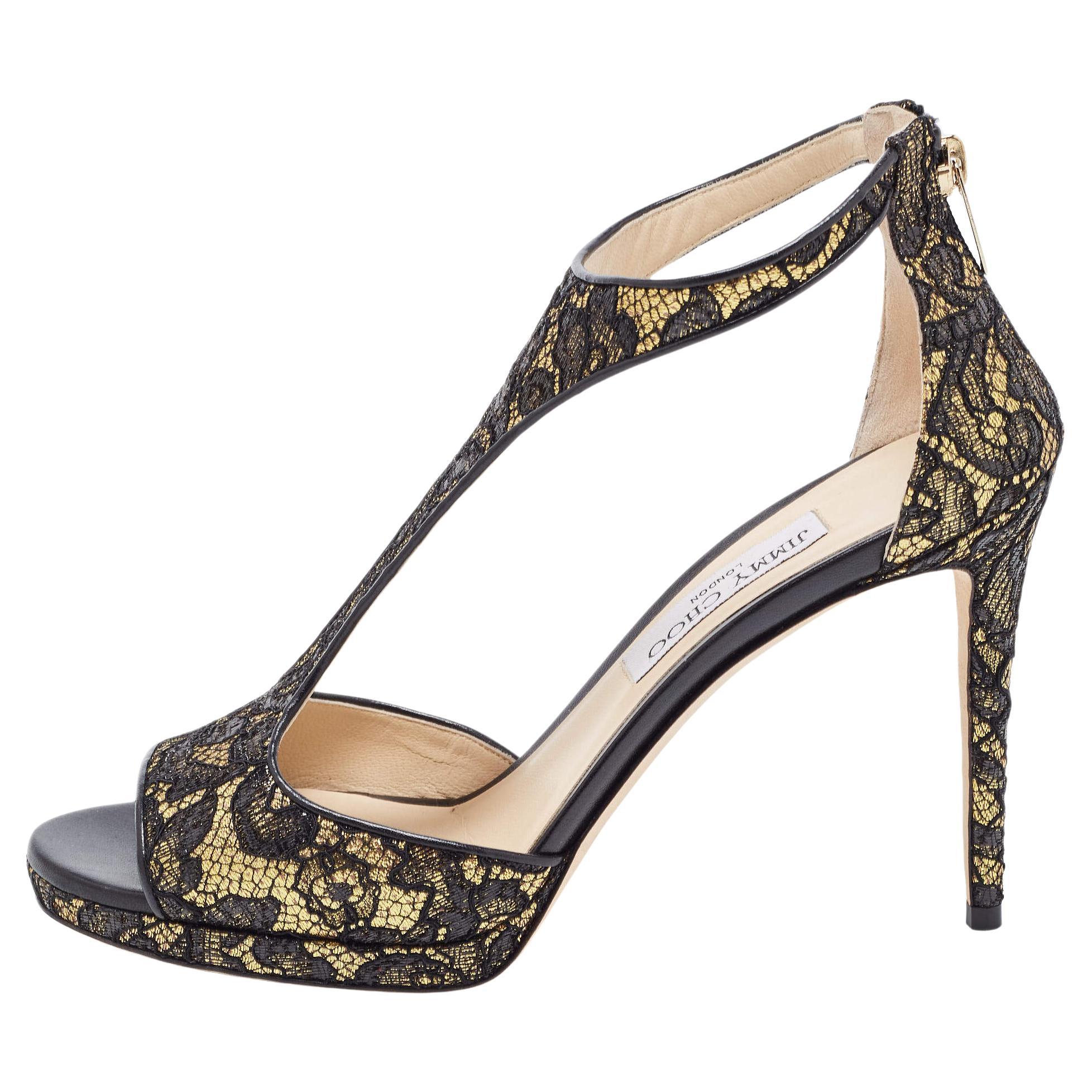 Jimmy Choo Black/Gold Lace and Leather Lana Sandals Size 41 For Sale