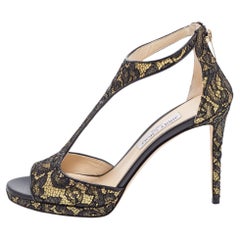 Jimmy Choo Black/Gold Lace and Leather Lana Sandals Size 41