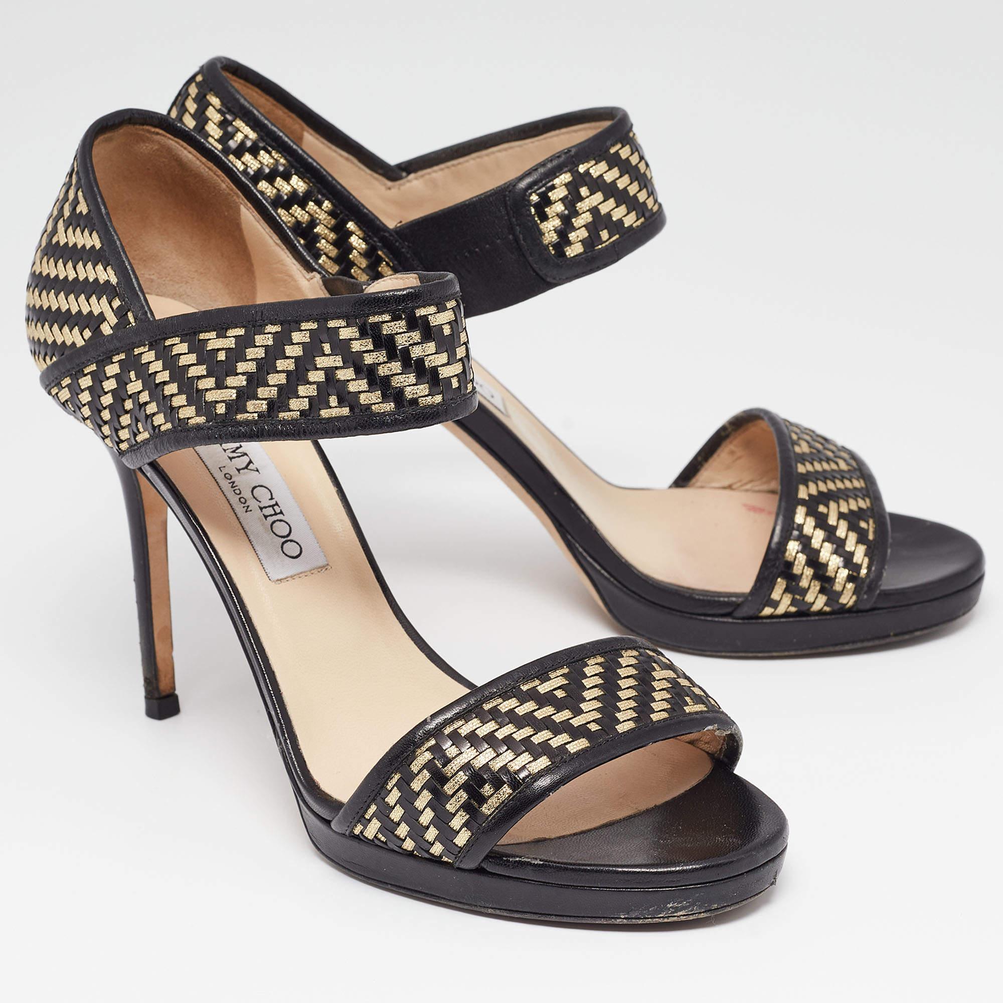Women's Jimmy Choo Black/Gold Leather Ankle Strap Sandals Size 39.5