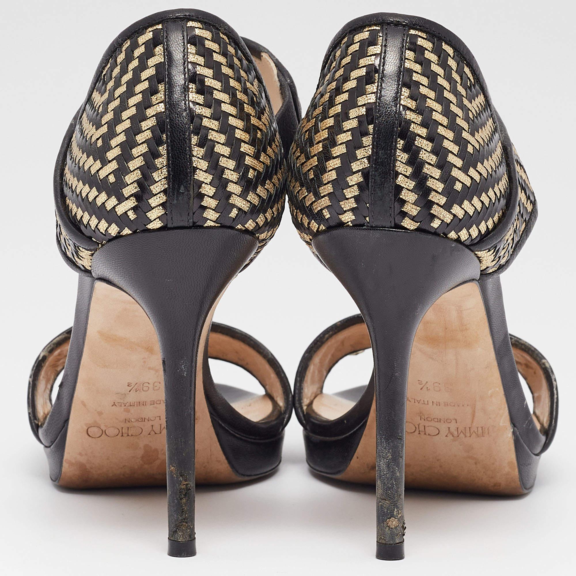 Jimmy Choo Black/Gold Leather Ankle Strap Sandals Size 39.5 1