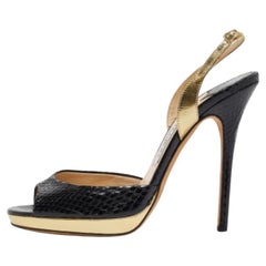 Jimmy Choo - Sandales à plateforme en cuir et python noir/doré - Taille 39